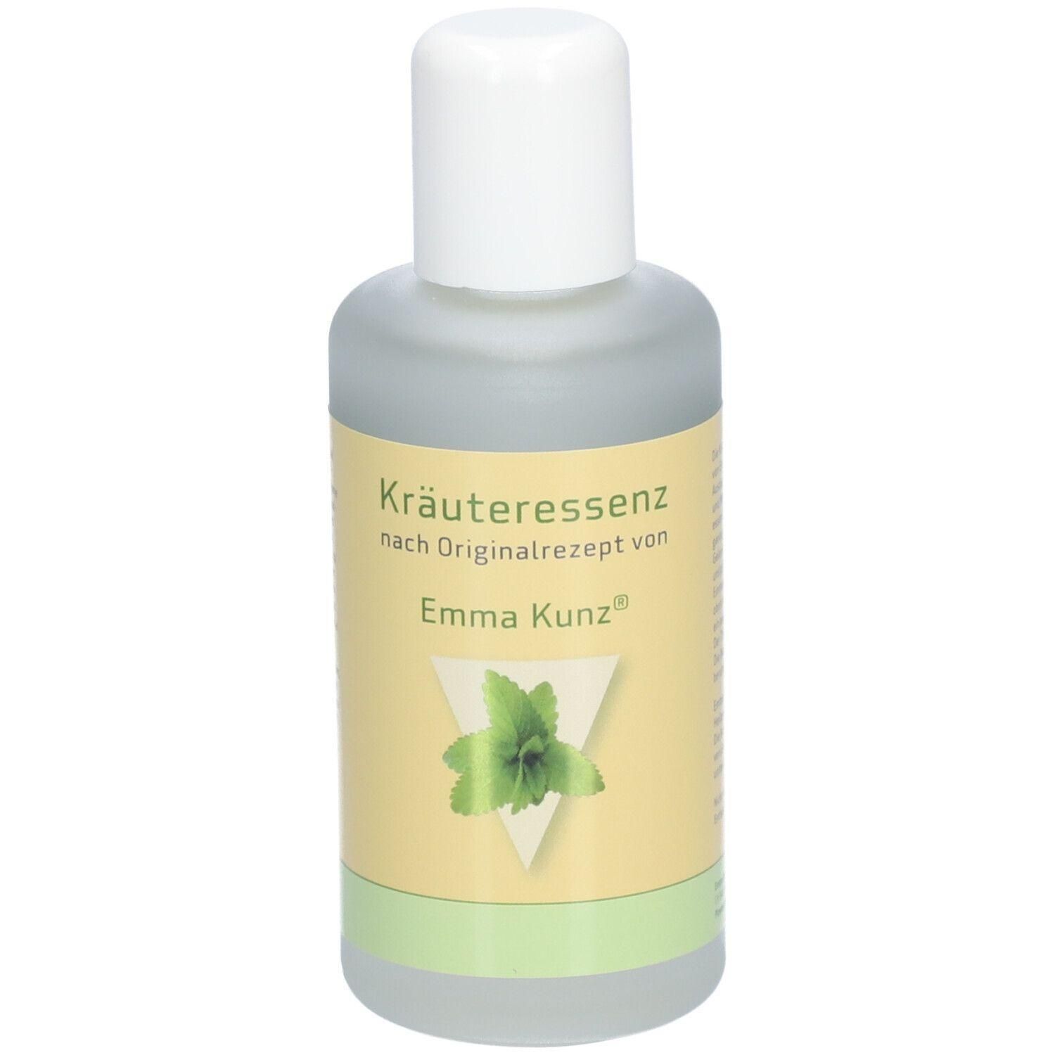 Flacon d'essence de plantes. Bouchon blanc, étiquette jaune-vert avec texte: Emma Kunz, Kräuteressenz. Illustration d'une feuille.
