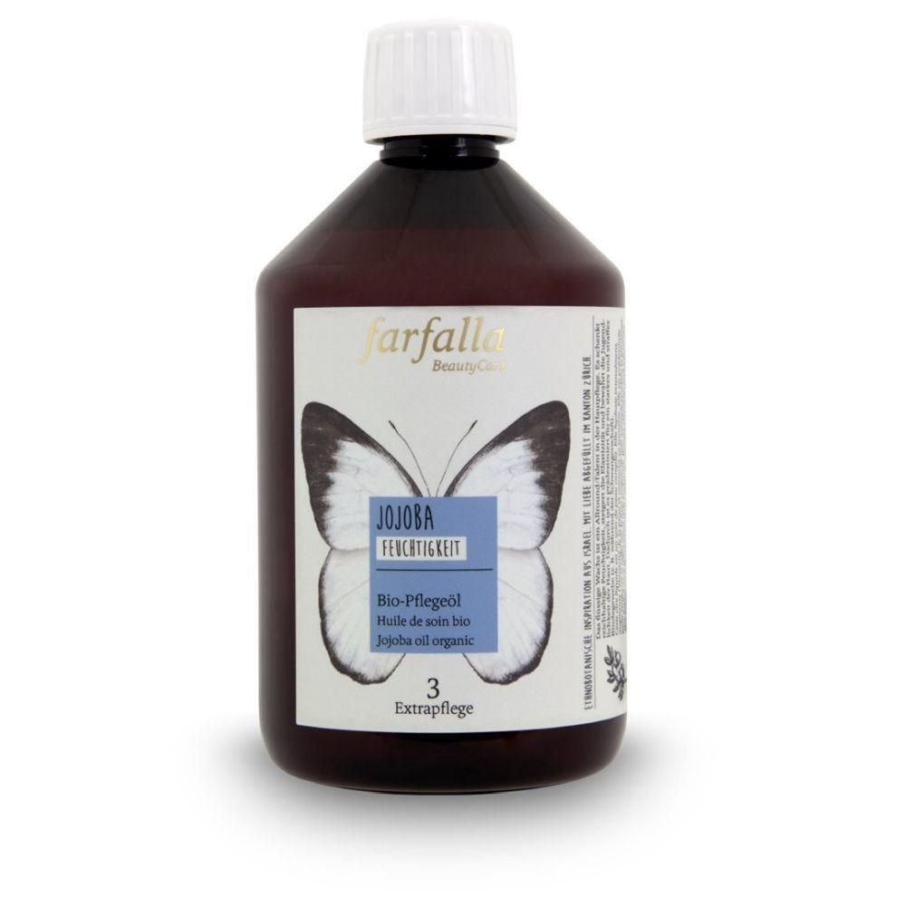 Braune Flasche mit weißem Deckel. Etikett mit Schmetterling, Text: JOJOBA, Bio-Pflegeöl, 3 Extrapflege. Marke: farfalla BeautyCare.