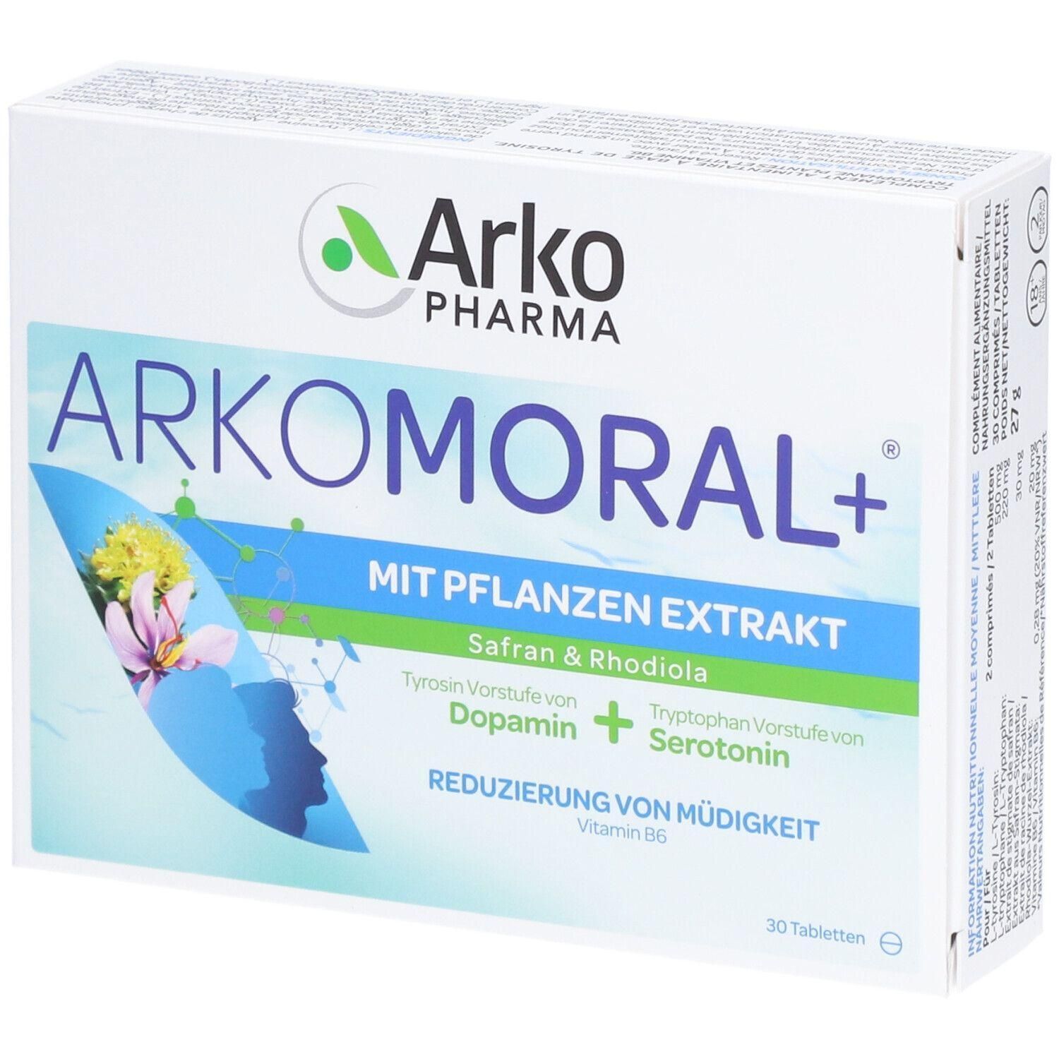Weiße Schachtel mit Produktnamen ARKOMORAL+ und Logo Arko Pharma. Enthält 30 Tabletten. Text: Mit Pflanzenextrakt, Safran & Rhodiola, Reduzierung von Müdigkeit.
