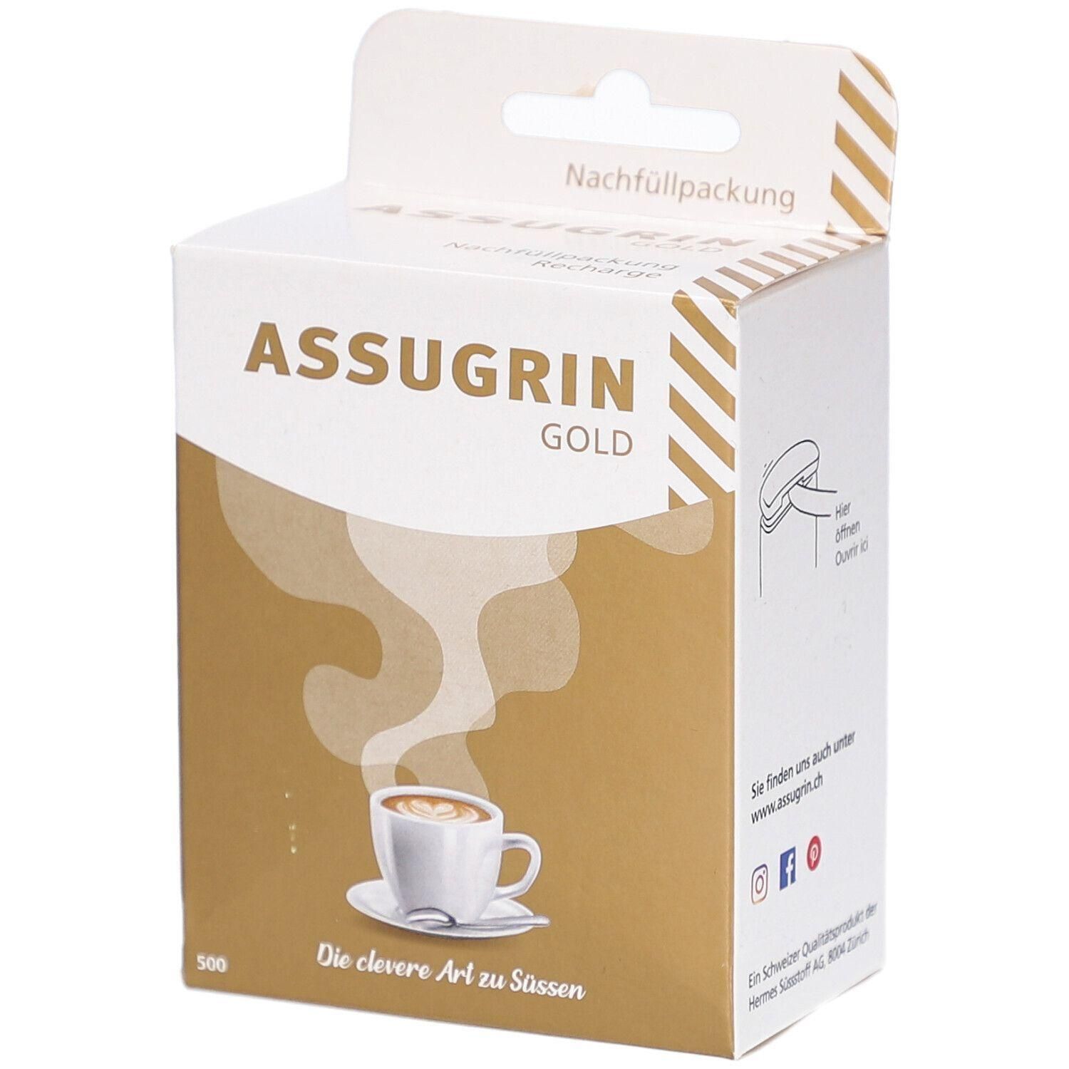 Weiße und goldfarbene Verpackung von ASSUGRIN Gold. Abgebildet ist eine Kaffeetasse. Aufschrift: ASSUGRIN GOLD, Nachfüllpackung.