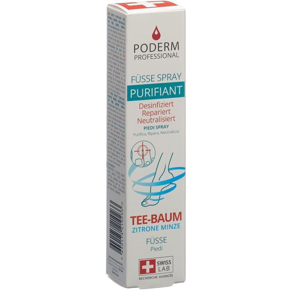 Boîte blanche avec informations produit. Texte: PODERM, Füße Spray, Purifiant, Tee-Baum, Zitrone Minze. Laboratoire suisse.
