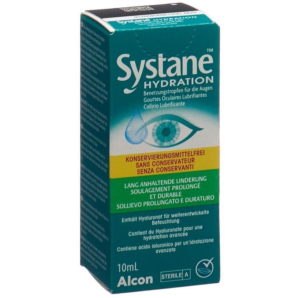 Systane Hydration Augentropfen Schachtel, 10ml, Alcon, mit Augenabbildung.