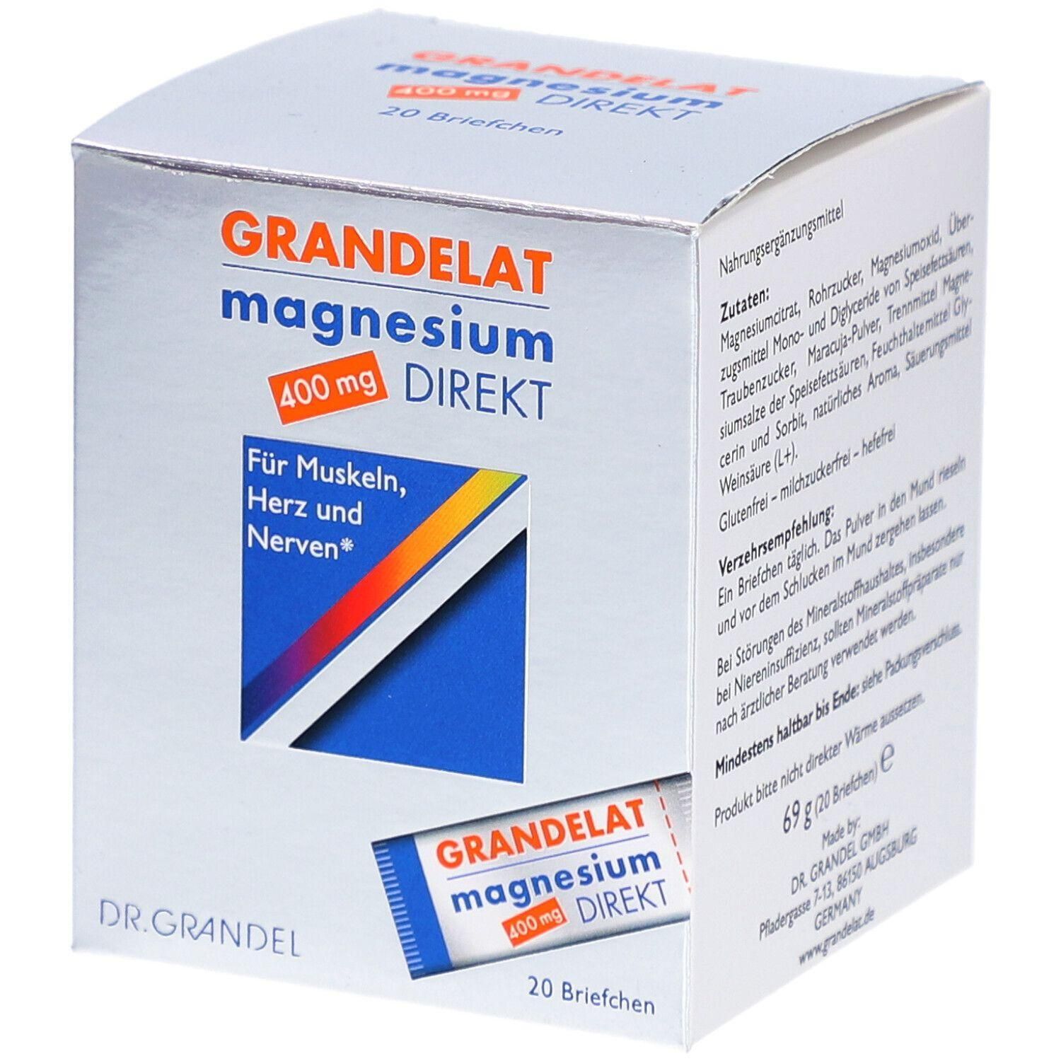 Weißer Karton mit „GRANDELAT magnesium DIREKT 400 mg“. Enthält 20 Briefchen. Aufschrift: Für Muskeln, Herz und Nerven.