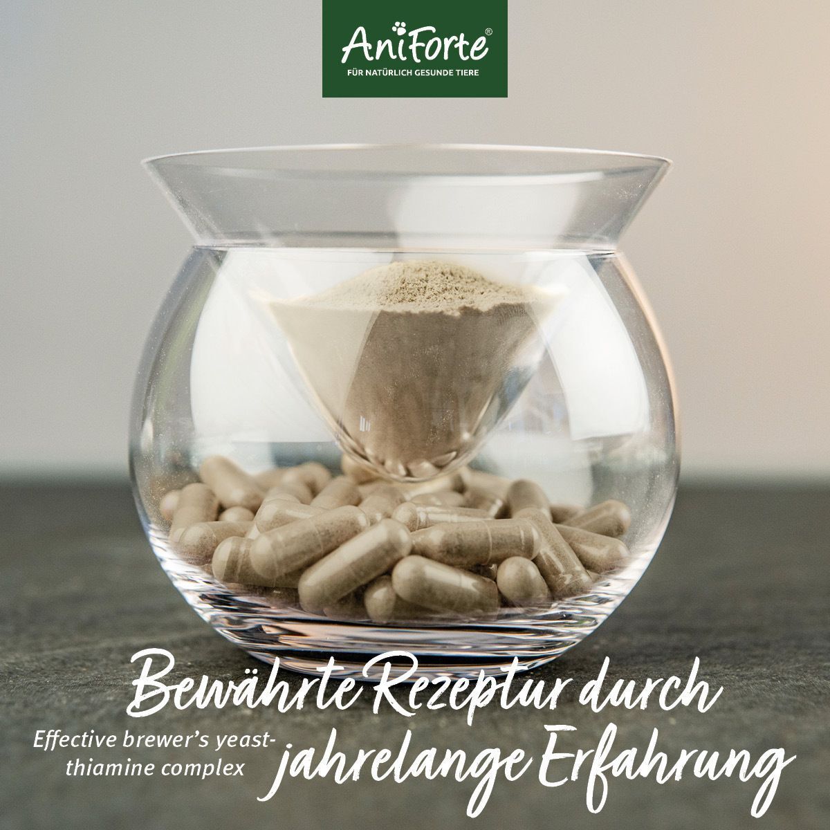 Glasbehälter mit Kapseln und Pulver. Text: Bewährte Rezeptur durch jahrelange Erfahrung.