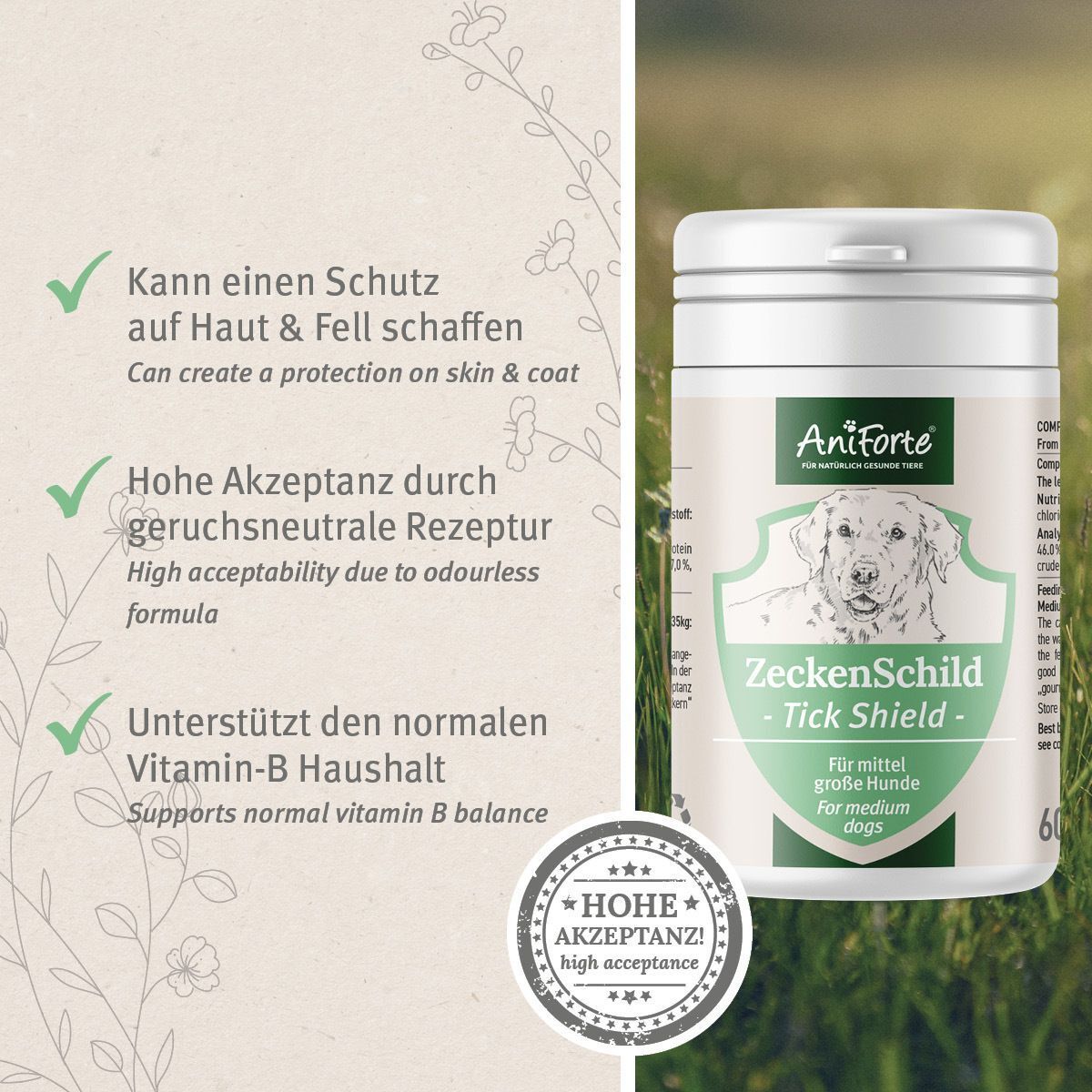 Dose neben Text. Text: Kann Schutz auf Haut & Fell schaffen. Hohe Akzeptanz. Unterstützt Vitamin-B Haushalt.