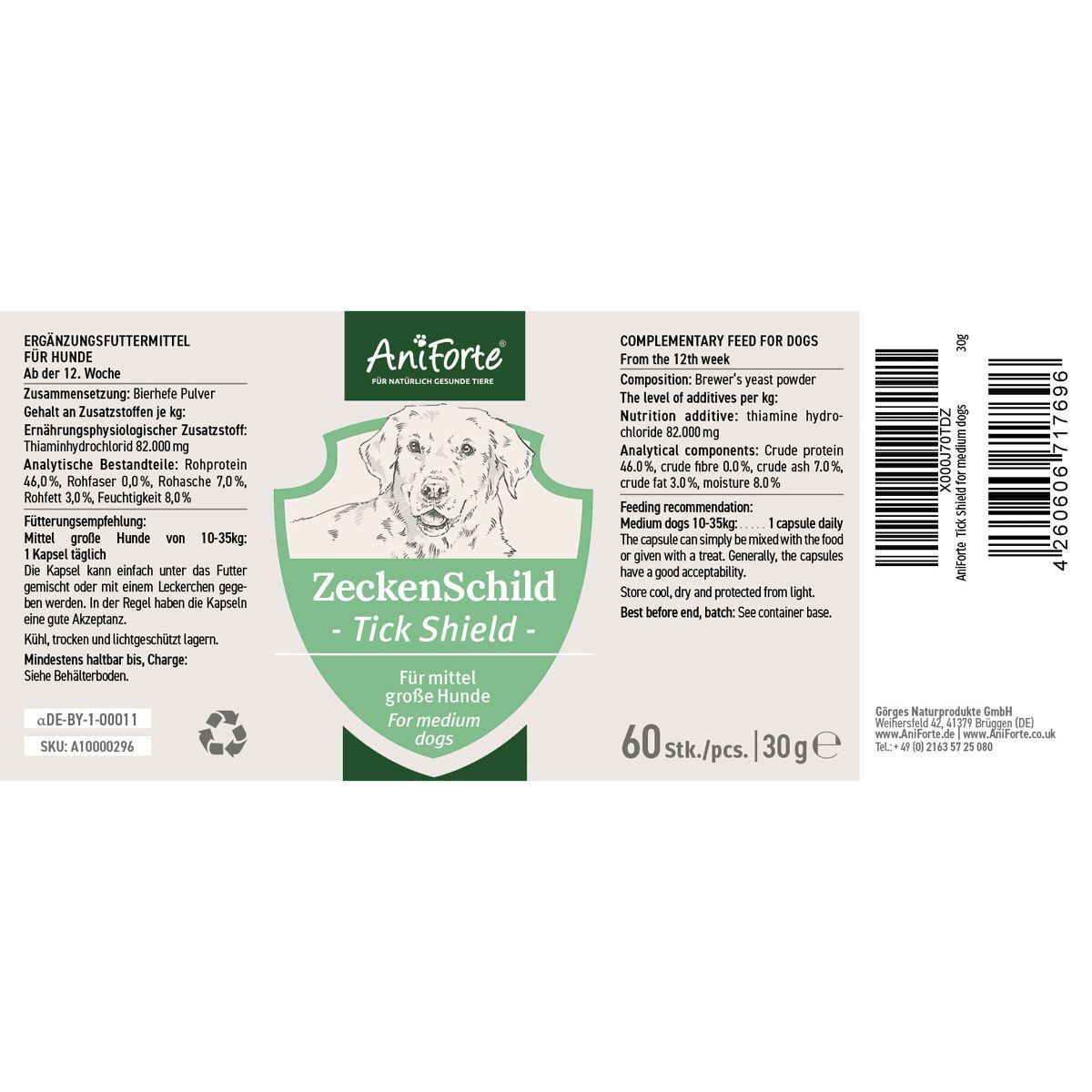 Produktetikett. Text: Ergänzungsfuttermittel für Hunde. ZeckenSchild. 60 Stk./Pck. 30g. Inhaltsstoffe.
