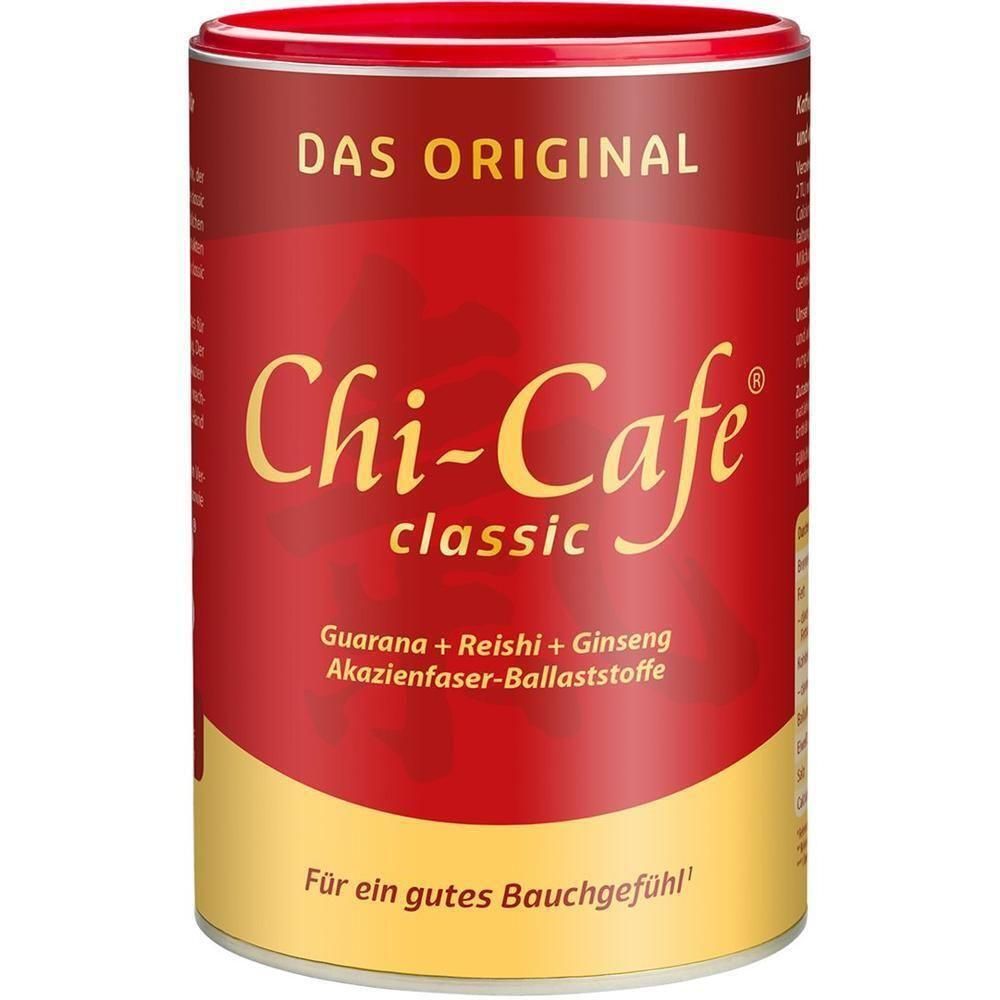 Boîte ronde Chi-Cafe classic. Couvercle rouge, corps rouge avec bande jaune. Inscription Chi-Cafe classic, Guarana, Reishi, Ginseng.