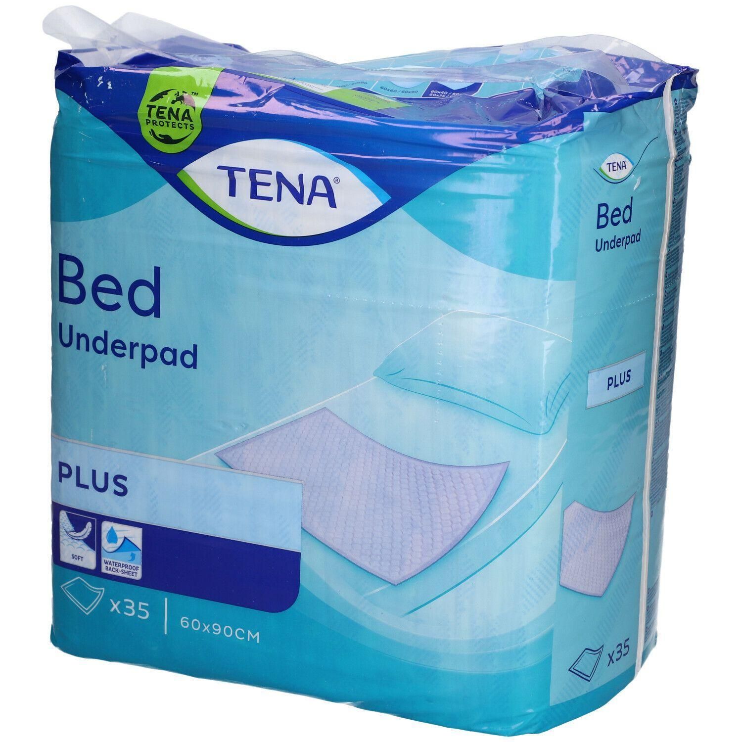 Verpackung mit TENA Bettunterlagen Plus. Aufschrift: Bed Underpad, PLUS, 60x90cm, x35. Blau-weißes Design.