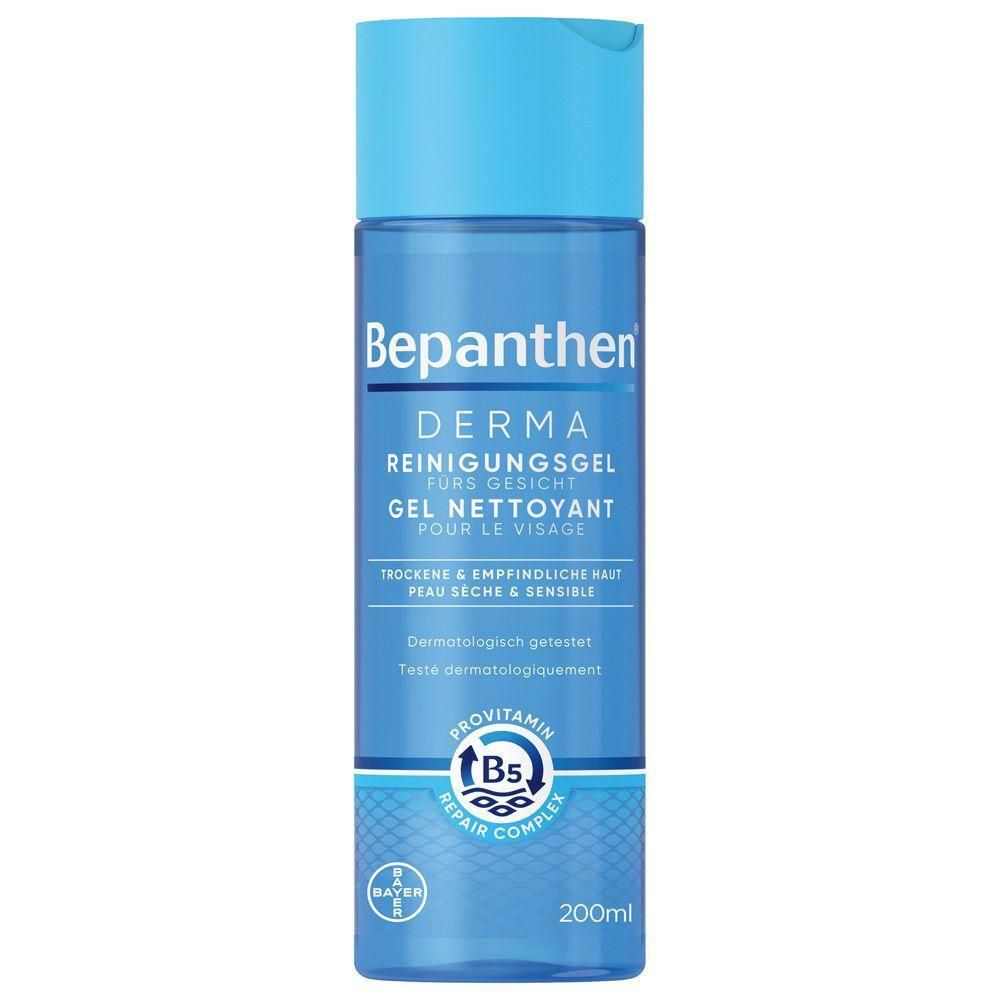 Flacon bleu de Bepanthen Derma Gel Nettoyant pour le visage. Pour peaux sèches et sensibles. 200ml.