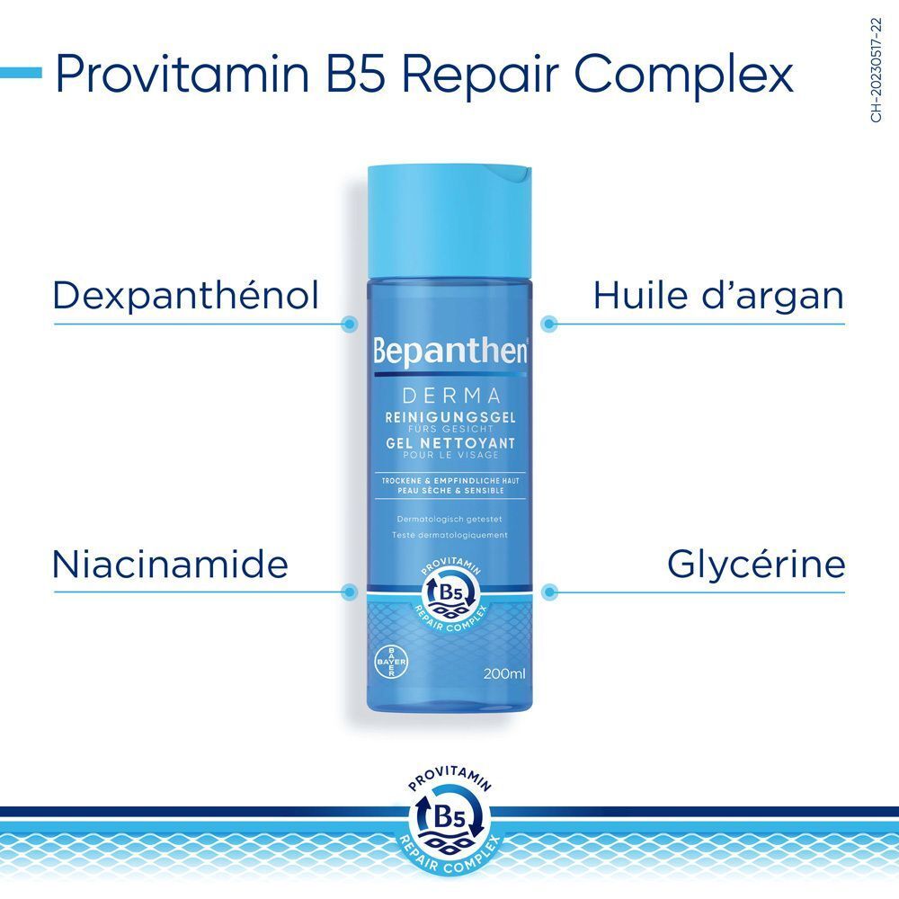 Image du produit avec indication des ingrédients: Dexpanthénol, Huile d'argan, Niacinamide, Glycérine. Nom du produit: Bepanthen Derma Gel Nettoyant.