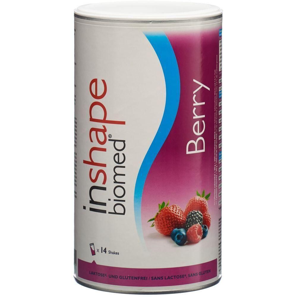 Zylindrische Dose mit weißem Deckel. Aufschrift "inshape biomed Berry". Abbildung von Beeren. Text: Laktose- und glutenfrei.
