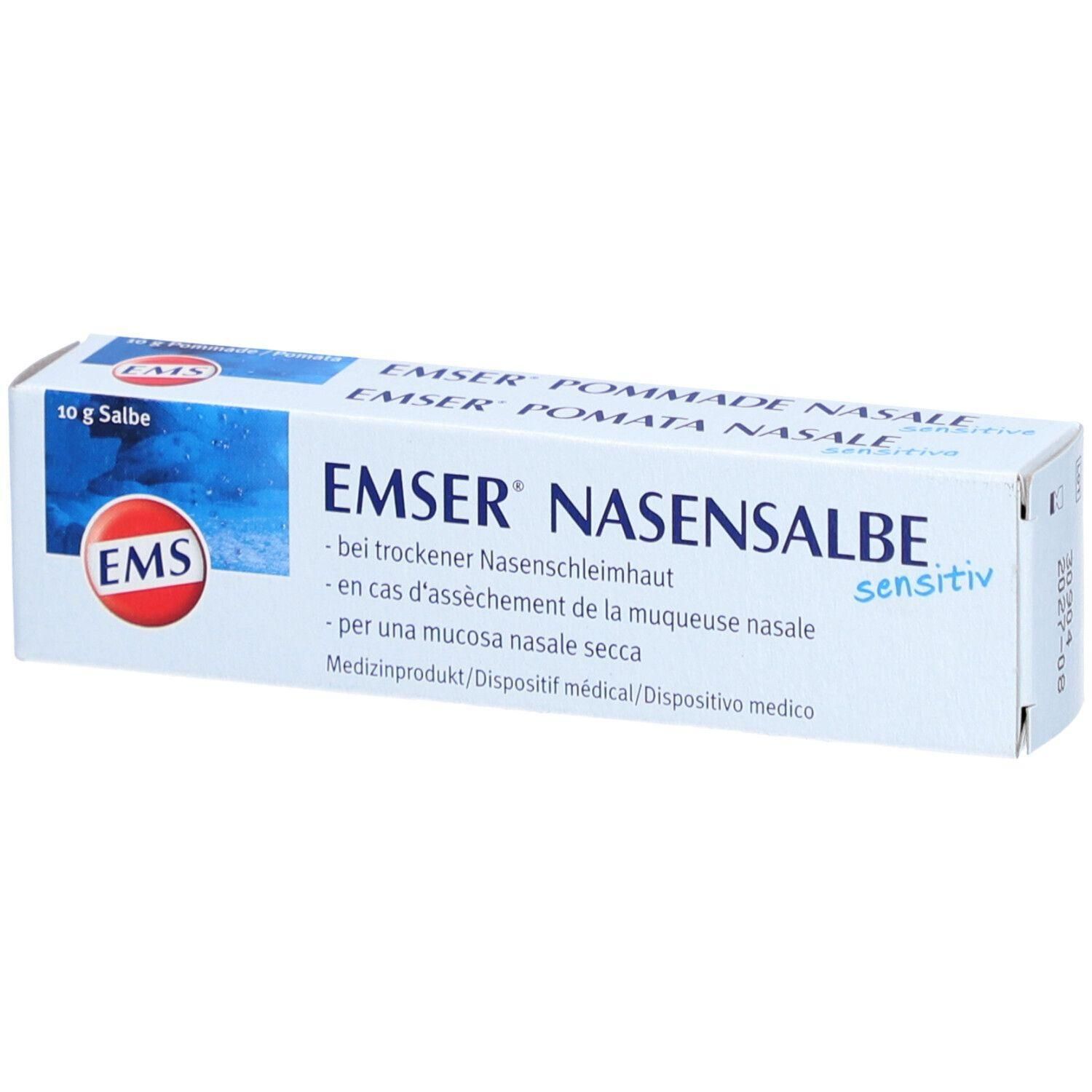 Weiße Schachtel mit Produktnamen EMSER NASENSALBE sensitiv. Text in Deutsch, Französisch, Italienisch. Logo EMS. 10 g Salbe.