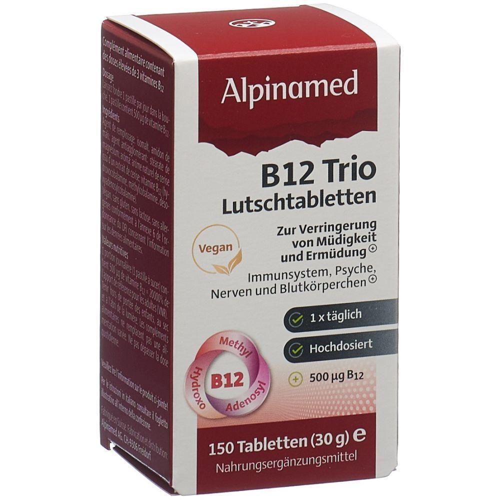 Boîte de comprimés à sucer Alpinamed B12 Trio. Boîte rouge et blanche avec nom du produit, label Vegan et informations sur les ingrédients.