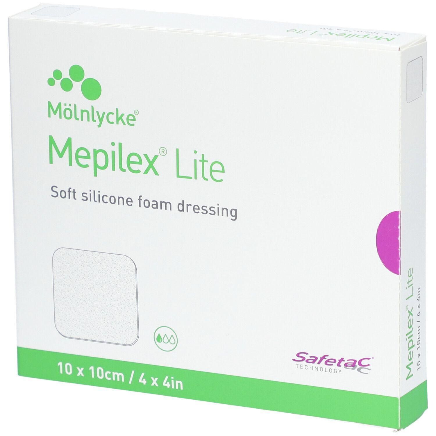 Boîte blanche avec texte vert. Inscription : Mepilex Lite, Soft silicone foam dressing. Dimensions : 10 x 10cm/4 x 4in. Marque : Mölnlycke.