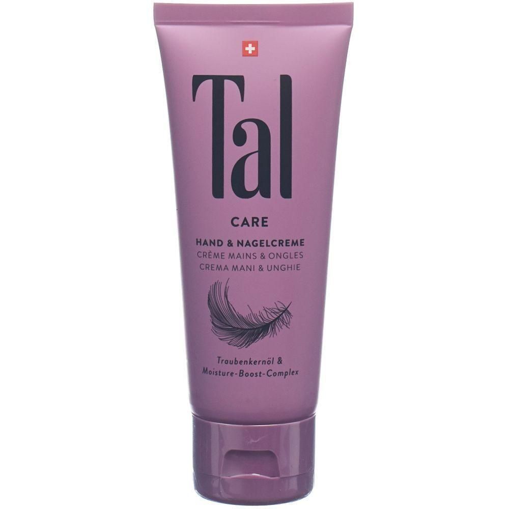 Lila Tube mit Produktnamen „Tal Care“. Text: Hand- und Nagelcreme. Feder-Illustration. Schweizer Kreuz.