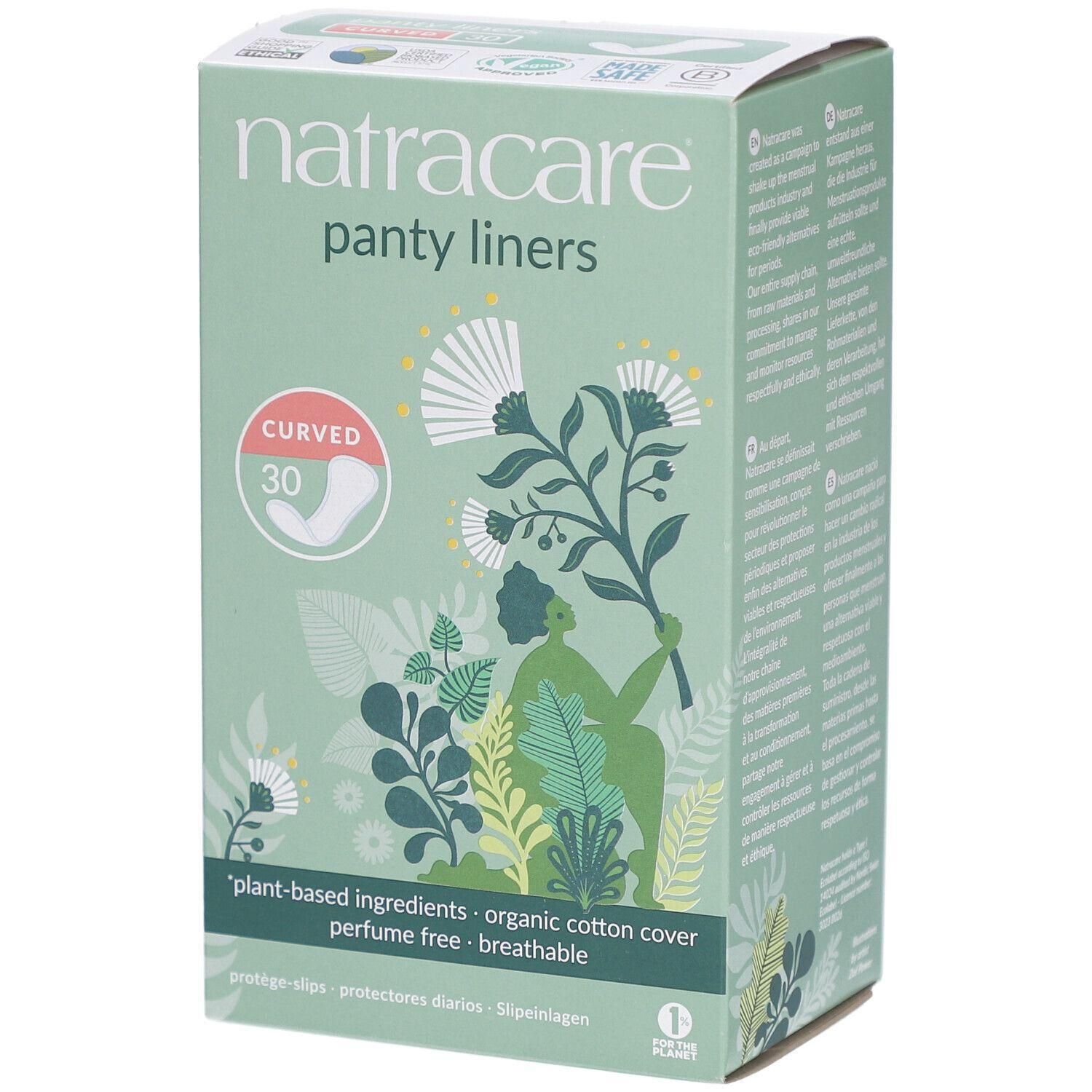 Verpackung von Natracare Slipeinlagen. Grün, mit floralen Illustrationen. Enthält 30 Stück, anatomisch geformt, aus Baumwolle.