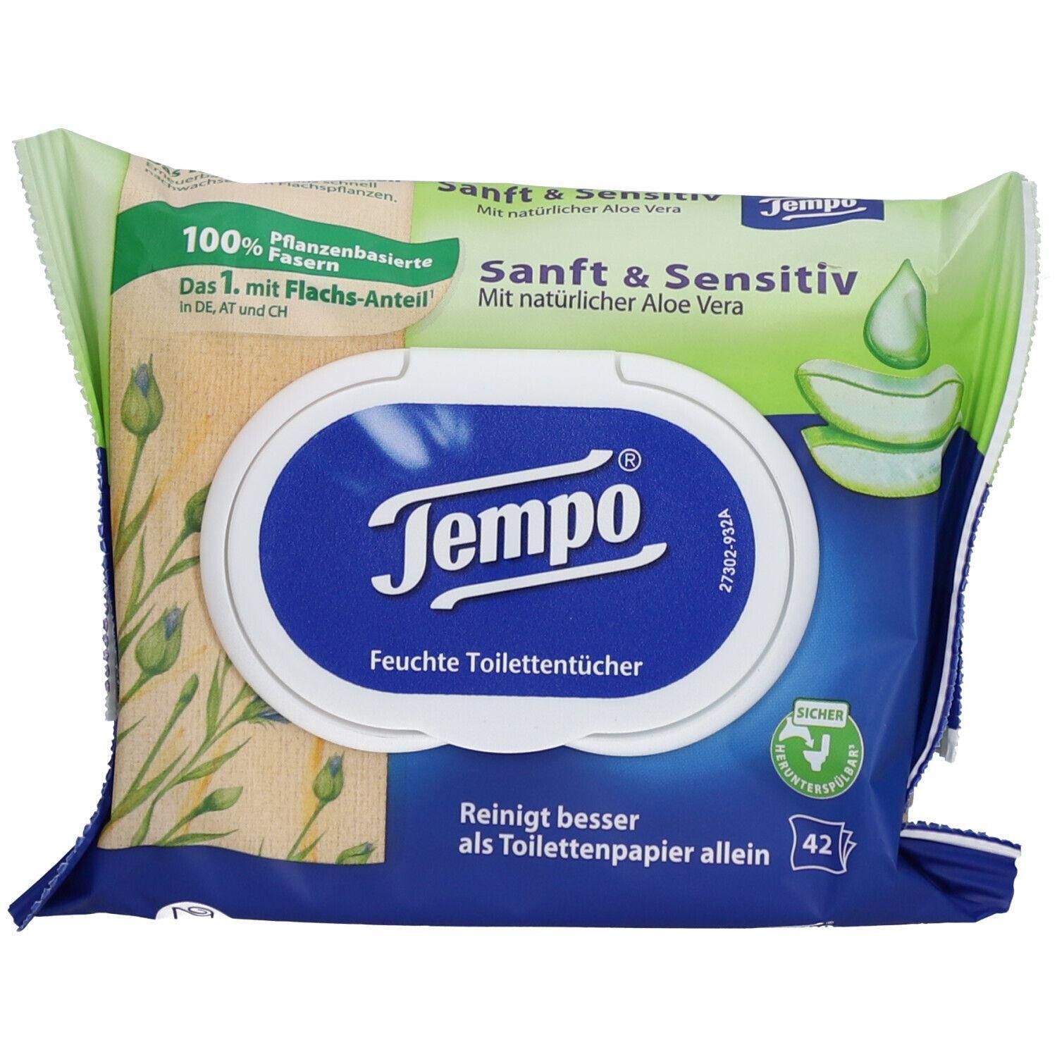 Verpackung feuchter Toilettentücher. Marke Tempo, Produktname Sanft & Sensitiv. Mit Aloe Vera. 42 Tücher. Grün-blaue Verpackung.