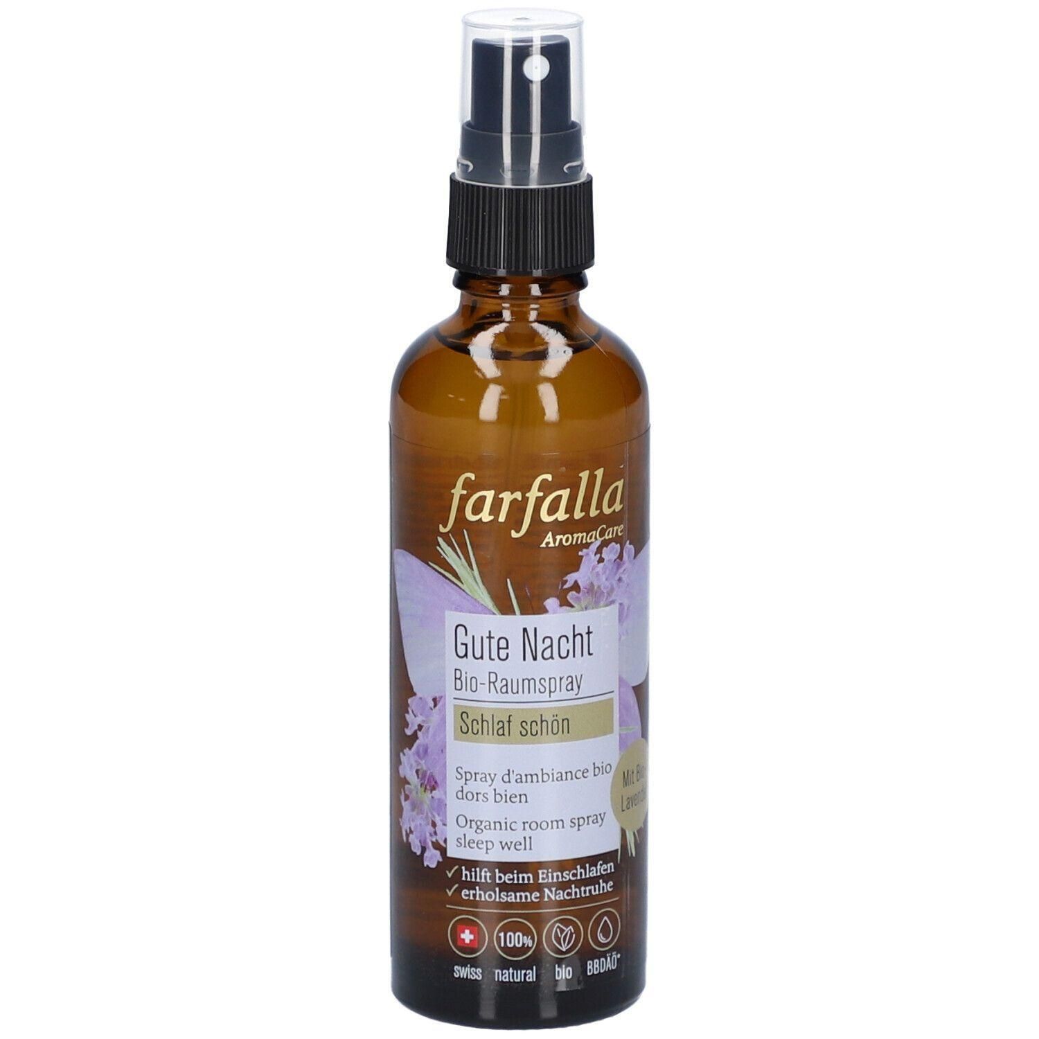 Braune Glasflasche mit Sprühkopf. Aufschrift: farfalla, Gute Nacht, Bio-Raumspray, Schlaf schön. Label mit Lavendel-Illustration.
