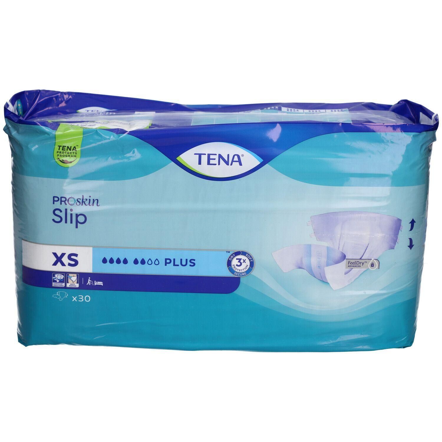 Paquet de protections contre l'incontinence TENA ProSkin Slip XS. Emballage bleu avec illustration du produit et logos.