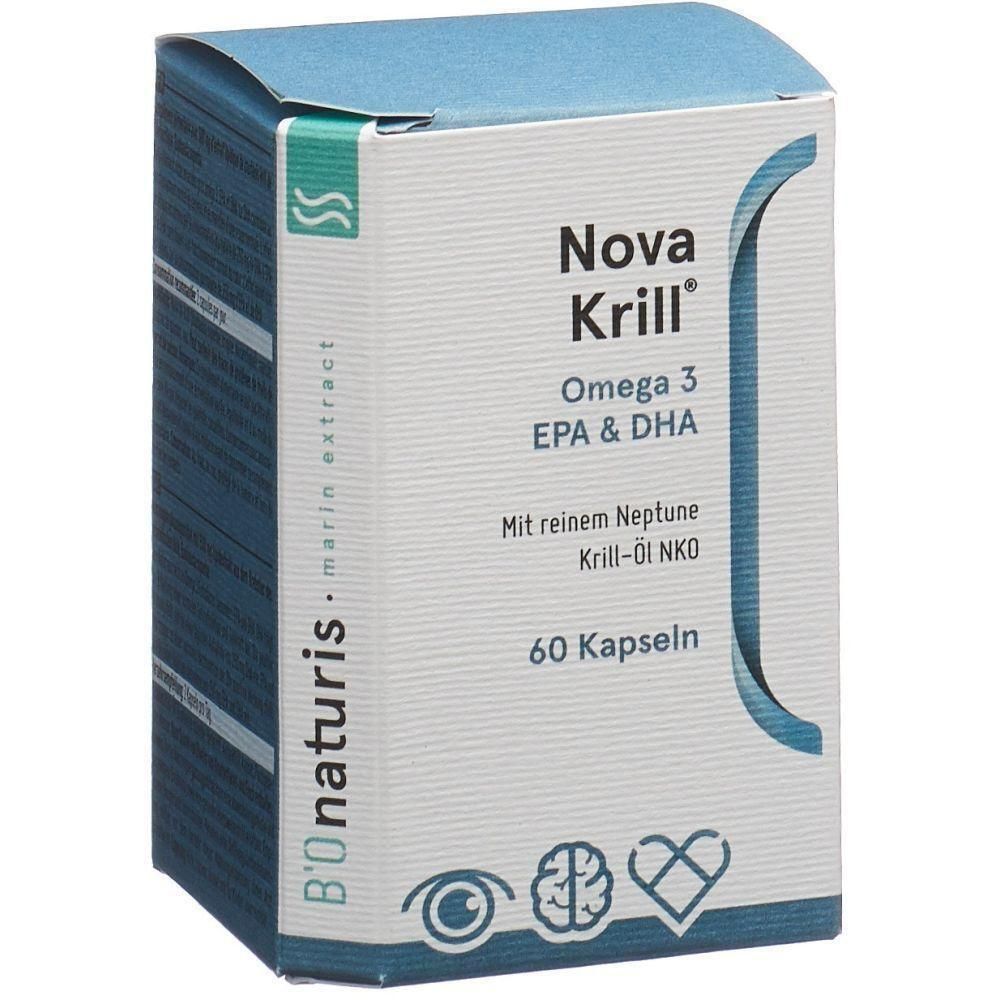 Boîte de Nova Krill Omega 3 EPA & DHA. Contient 60 gélules. Emballage bleu et blanc avec nom et logos du produit.