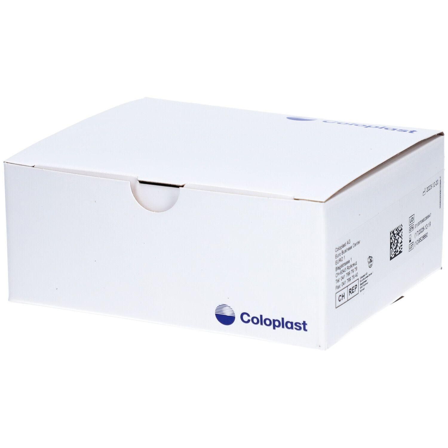 Weiße Produktverpackung mit Coloplast-Logo. Aufdrucke mit Produktinformationen und QR-Code. Karton mit Klappverschluss.