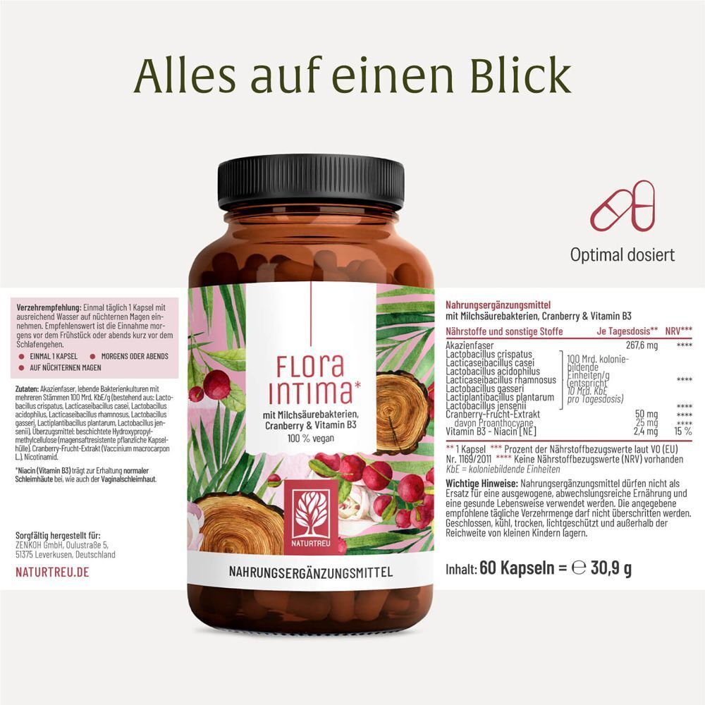 Braune Flasche mit Produktetikett. Text: Flora Intima, Cranberry & Vitamin B3. Daneben Text und Nährwerttabelle. 60 Kapseln.