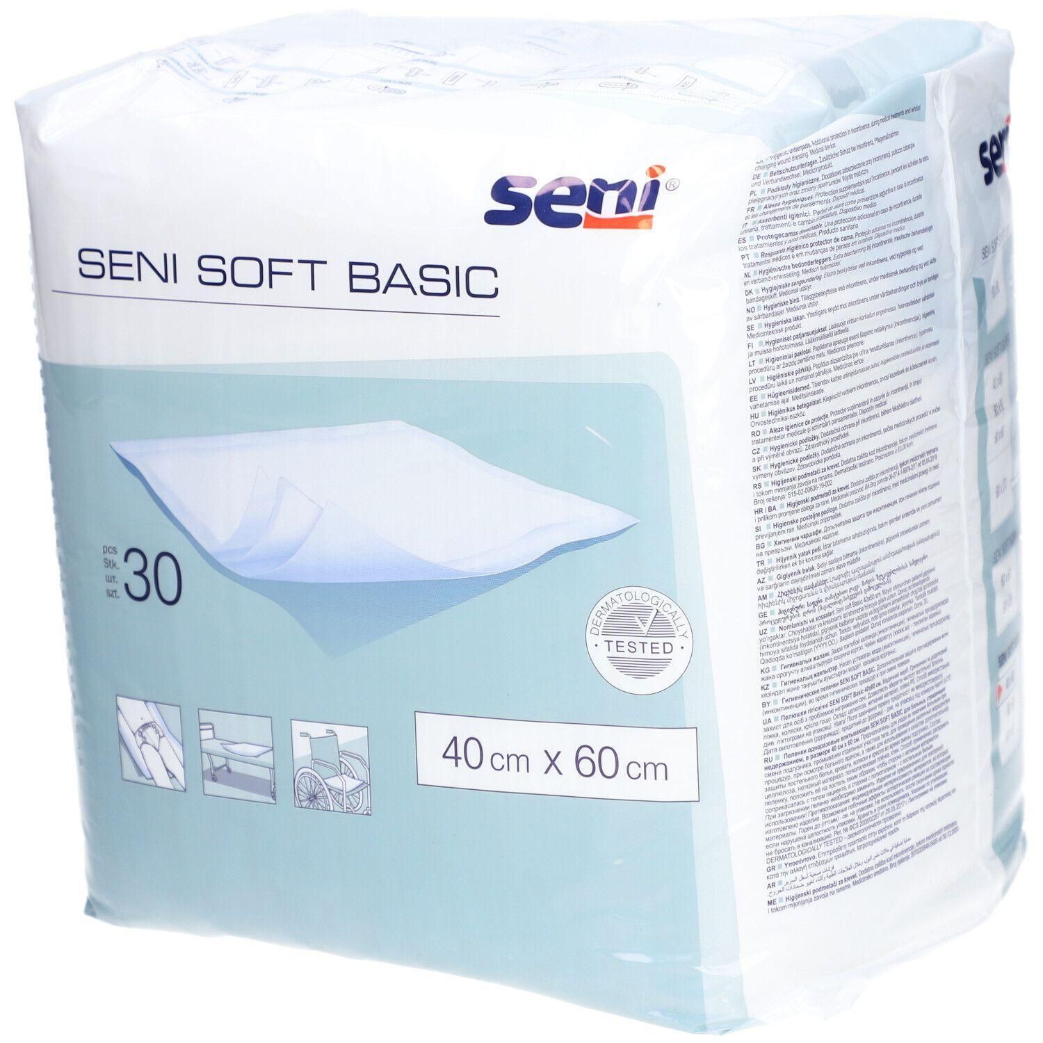 Verpackung mit Seni Soft Basic Krankenunterlagen. Aufdruck: Seni, Soft Basic, 40 cm x 60 cm. 30 Stück. Geprüftes Produkt.