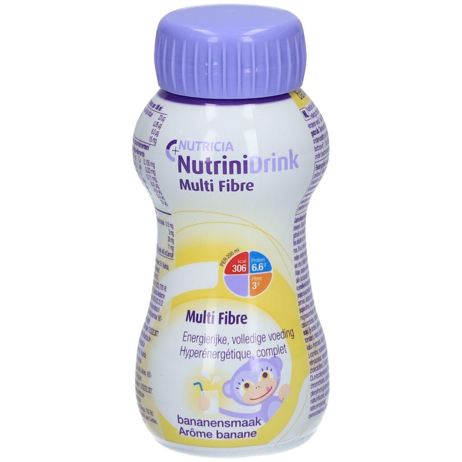 Flasche mit lila Verschluss. Aufschrift: NutriniDrink Multi Fibre. Enthält Informationen zu Nährwerten und Bananengeschmack.