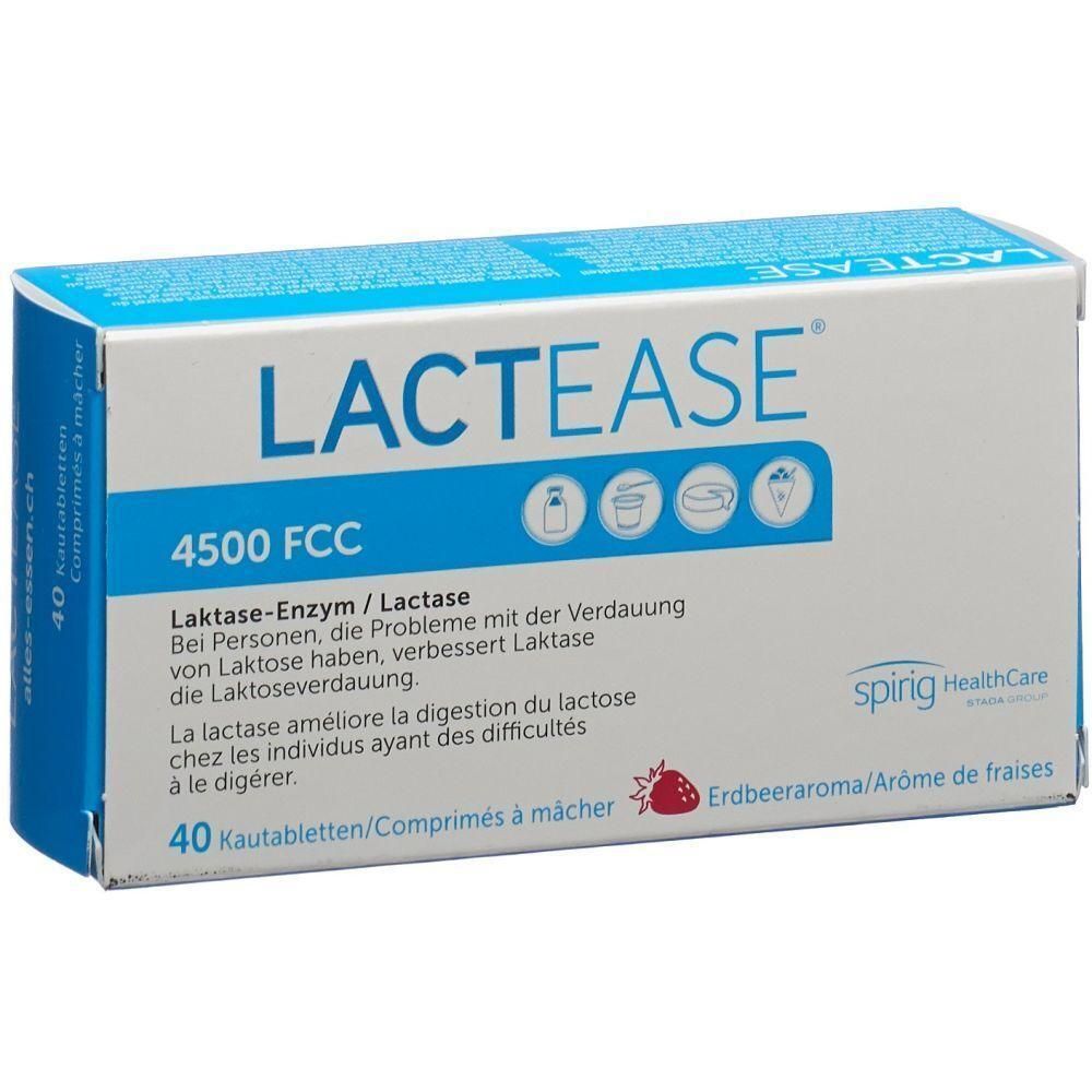 Boîte de Lactease 4500 FCC. Contient 40 comprimés à mâcher. Inscription : Enzyme lactase, améliore la digestion du lactose. Arôme fraise.