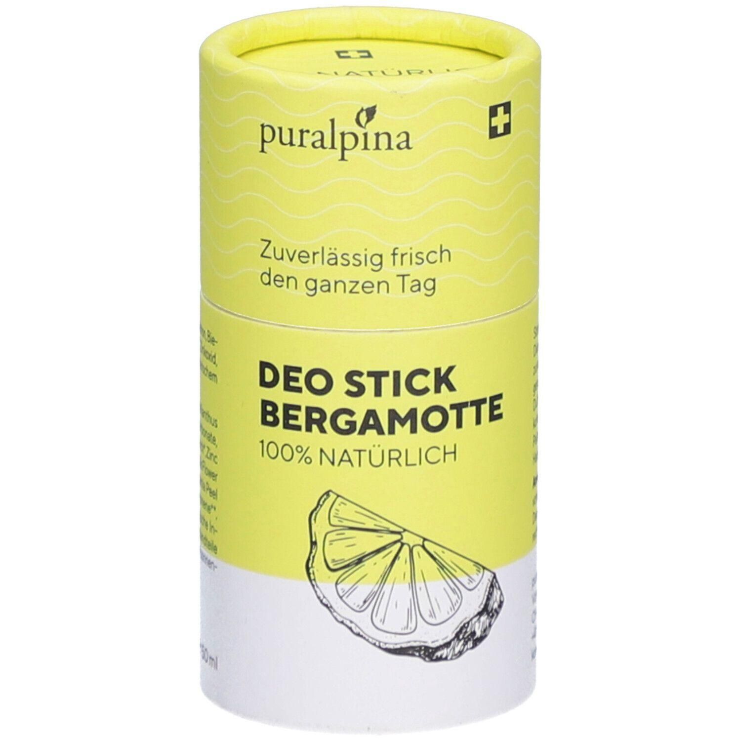 Zylindrische Verpackung mit gelbem Hintergrund. Aufschrift: puralpina, Deo Stick Bergamotte, 100% natürlich. Abbildung einer Zitronenscheibe.