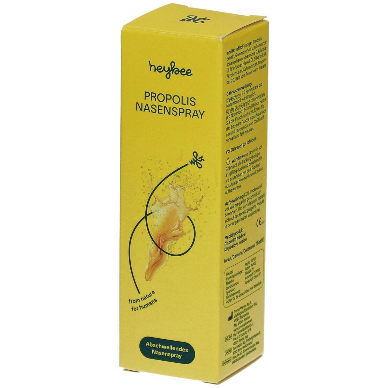 Gelbe Verpackung mit Produktnamen und Logo. Text: PROPOLIS NASENSPRAY. Abbildung: Bienenwabe. Text: Abschwellendes Nasenspray.