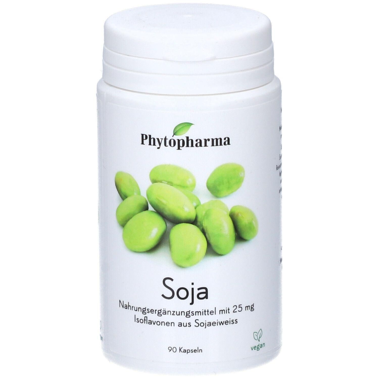Flacon blanc avec bouchon à vis. Inscription: Phytopharma, Soja, complément alimentaire. Illustration de fèves de soja. Label vegan.