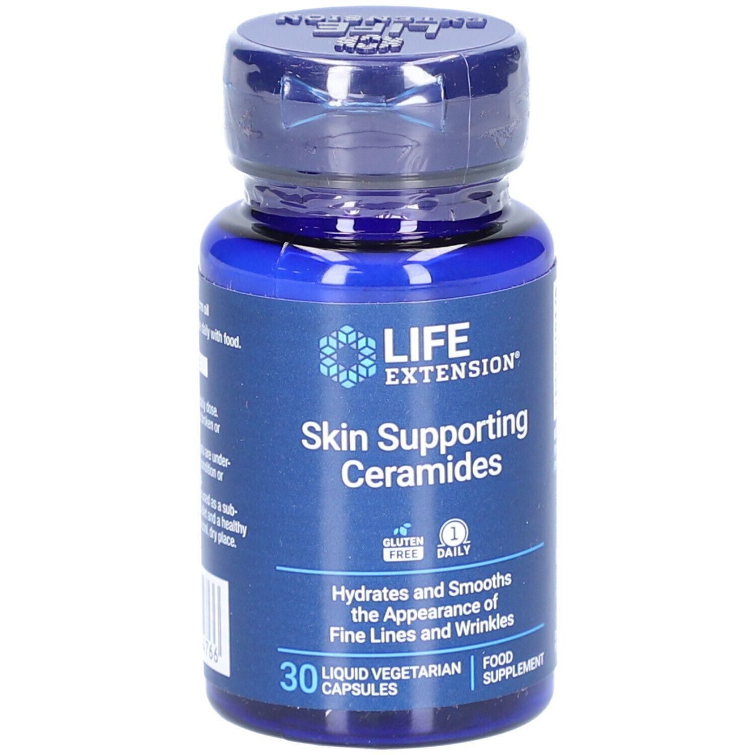 Blaue Flasche mit Kapseln. Aufschrift: LIFE EXTENSION, Skin Supporting Ceramides. Enthält 30 Kapseln. Glutenfrei.