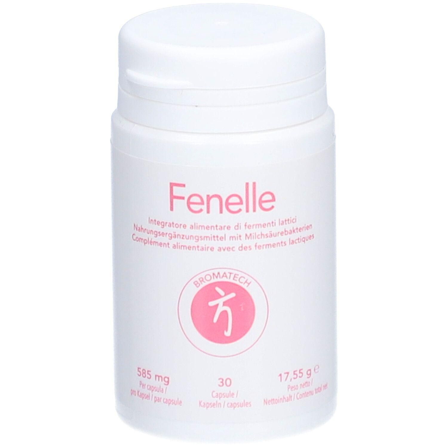 Weiße Dose mit Deckel. Aufschrift "Fenelle". Enthält 30 Kapseln. Logo von Bromatech. Text in italienischer, deutscher und französischer Sprache.