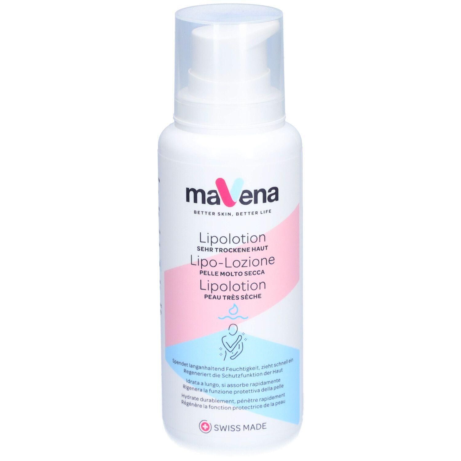 Weiße Flasche mit Pumpverschluss. Aufschrift: maVena Lipolotion. Rosa und hellblauer Streifen. Swiss Made.