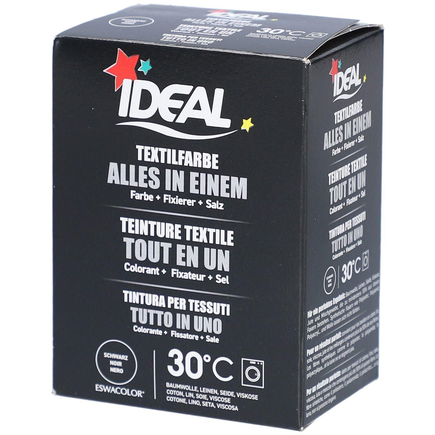 Boîte de teinture textile IDEAL noire. Contient colorant, fixateur et sel. Convient pour lavage à 30°C. Contient coton, lin, soie, viscose.
