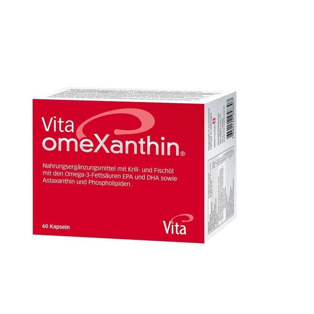 Rote und weiße Schachtel mit "Vita omeXanthin". Enthält 60 Kapseln. Text: Nahrungsergänzungsmittel mit Krill- und Fischöl.