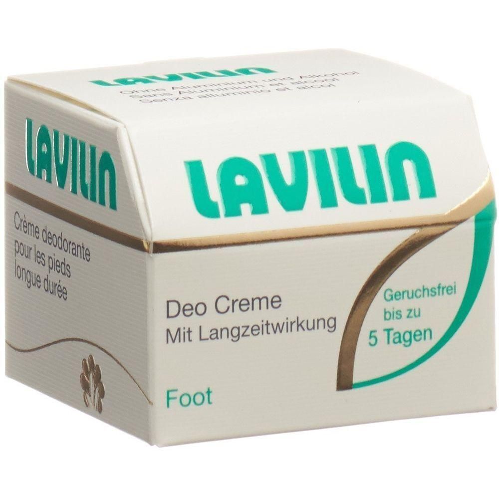 Boîte avec logo LAVILIN et texte. Contient « Deo Creme » pour les pieds. Inscription : « Sans odeur jusqu'à 5 jours ».