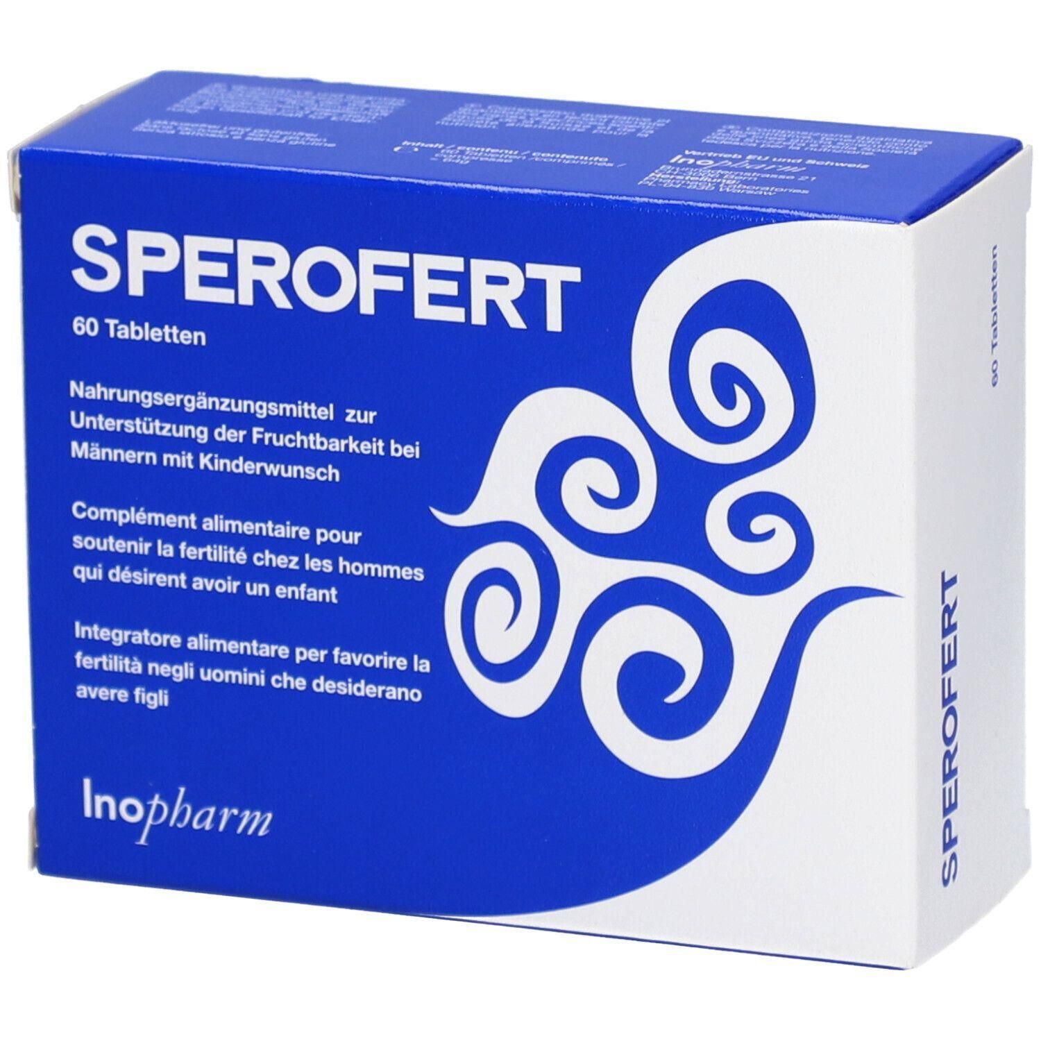 Blau-weiße Schachtel mit SPEROFERT-Aufdruck. Enthält 60 Tabletten. Text in Deutsch, Französisch und Italienisch. Inopharm-Logo.
