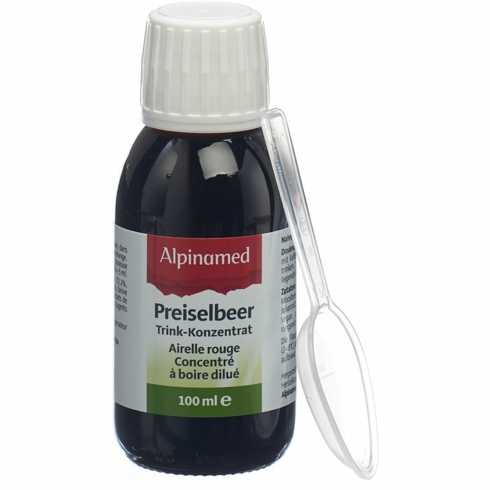 Braune Flasche mit weißem Deckel und Messlöffel. Aufschrift: Alpinamed Preiselbeer Trink-Konzentrat. Französisch: Airelle rouge.