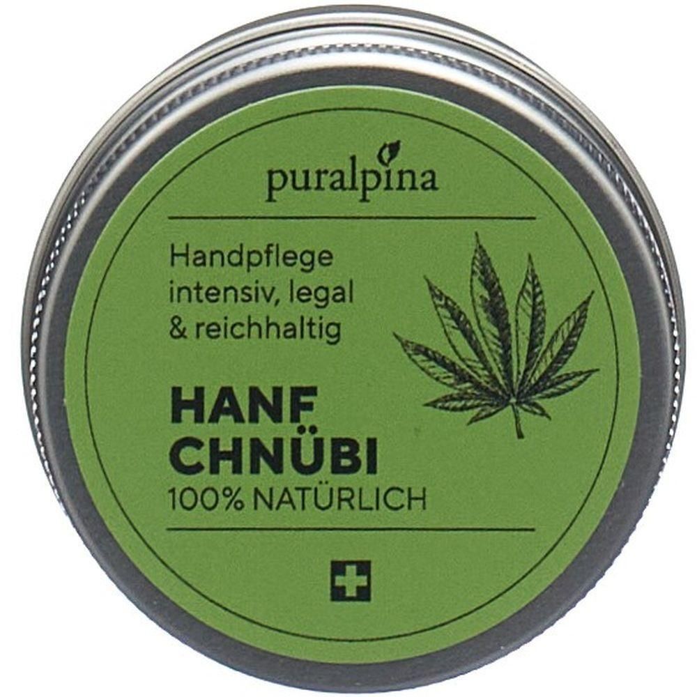 Runde Dose mit grünem Etikett. Aufschrift: PURALPINA, Hanf Chnübi, 100% natürlich. Schweizer Kreuz.
