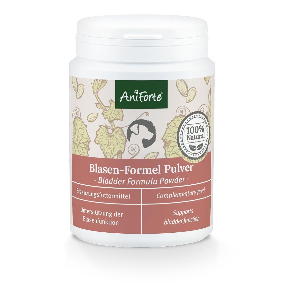 Boîte blanche avec logo AniForte et inscription Blasen-Formel Pulver. Sceau 100% Natural. Éléments bruns et verts.