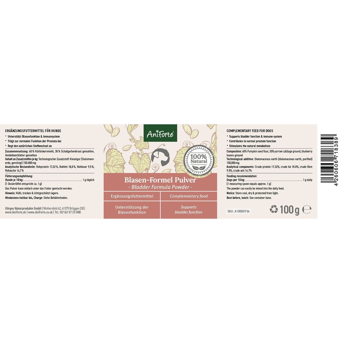 Étiquette du produit avec logo AniForte et Blasen-Formel Pulver. Contient des informations sur les ingrédients et l'utilisation.