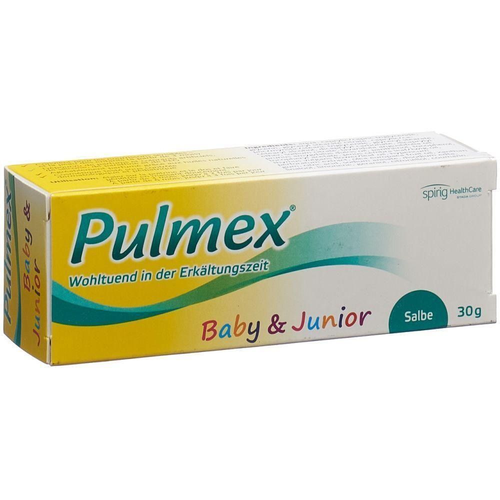Boîte Pulmex Baby & Junior. Inscription: Salbe, 30g. Design vert et jaune. Marque Spirig HealthCare.