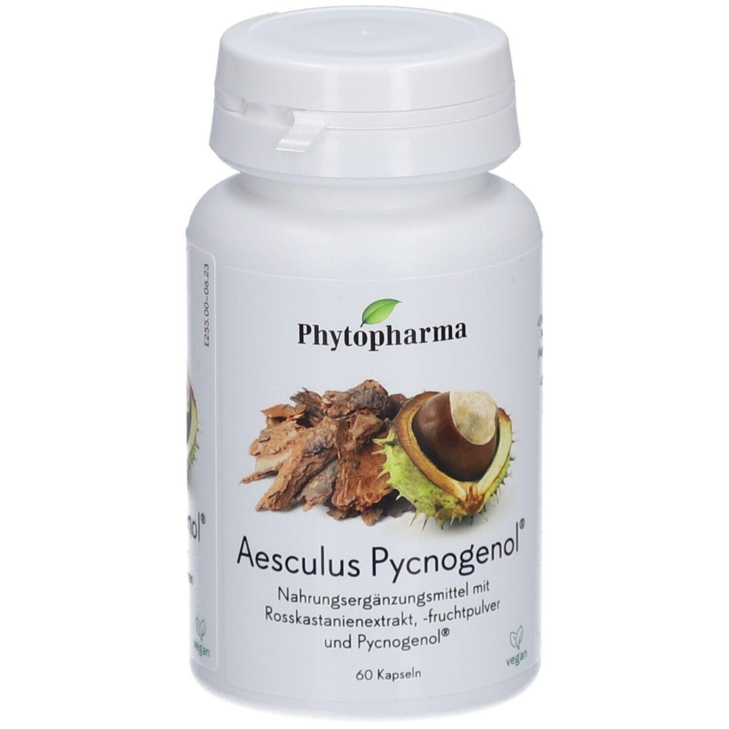 Weiße Flasche mit Deckel. Aufschrift: Phytopharma, Aesculus Pycnogenol. Abbildung von Rosskastanie und Kapseln. 60 Kapseln.