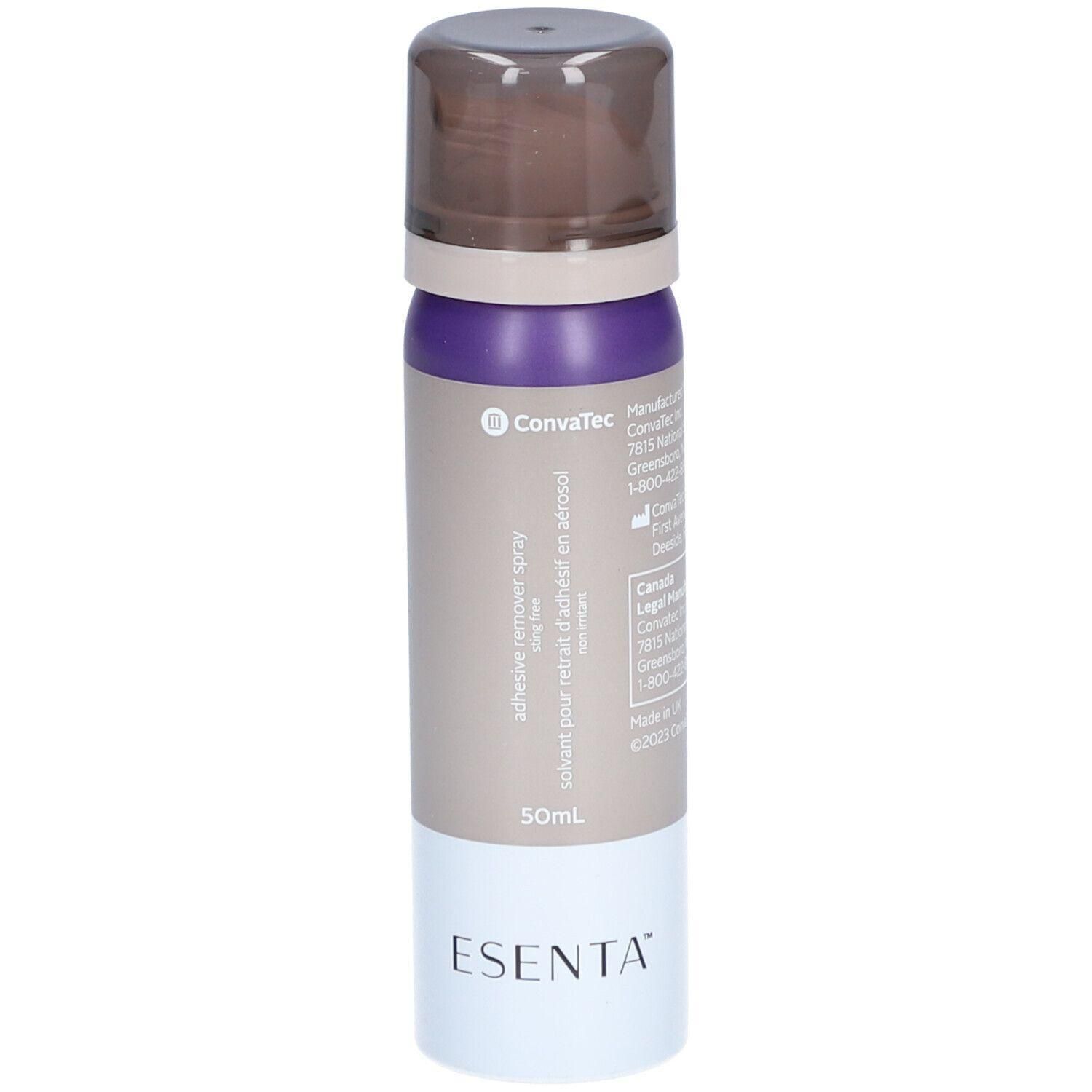Sprayflasche mit braunem Deckel. Aufschrift: Esenta, ConvaTec. Produktbezeichnung: adhesive remover spray. Volumen: 50ml.