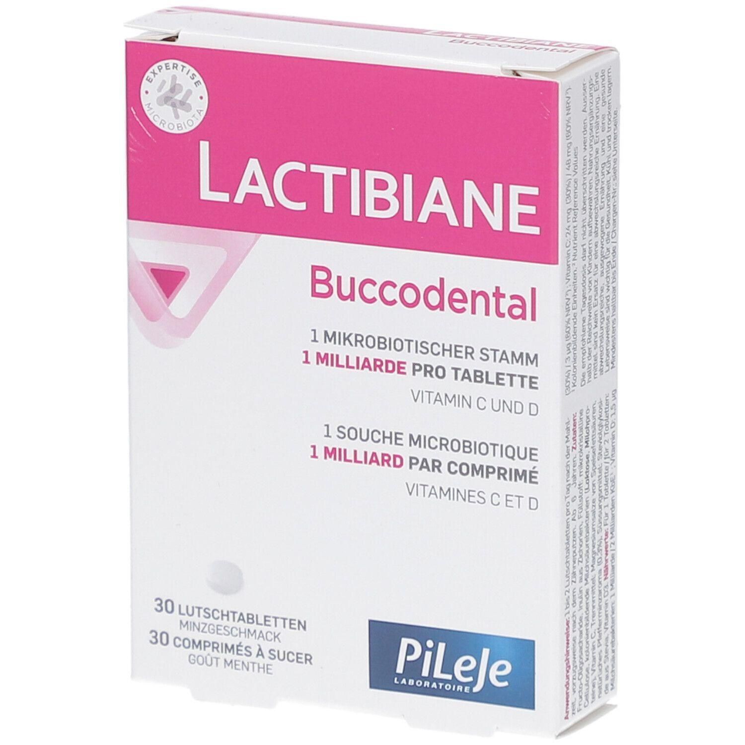 Karton Lactibiane Buccodental. Rosa und weiß. Enthält 30 Lutschtabletten. Aufschrift: 1 Milliarde pro Tablette, Vitamin C und D. Marke PiLeJe.