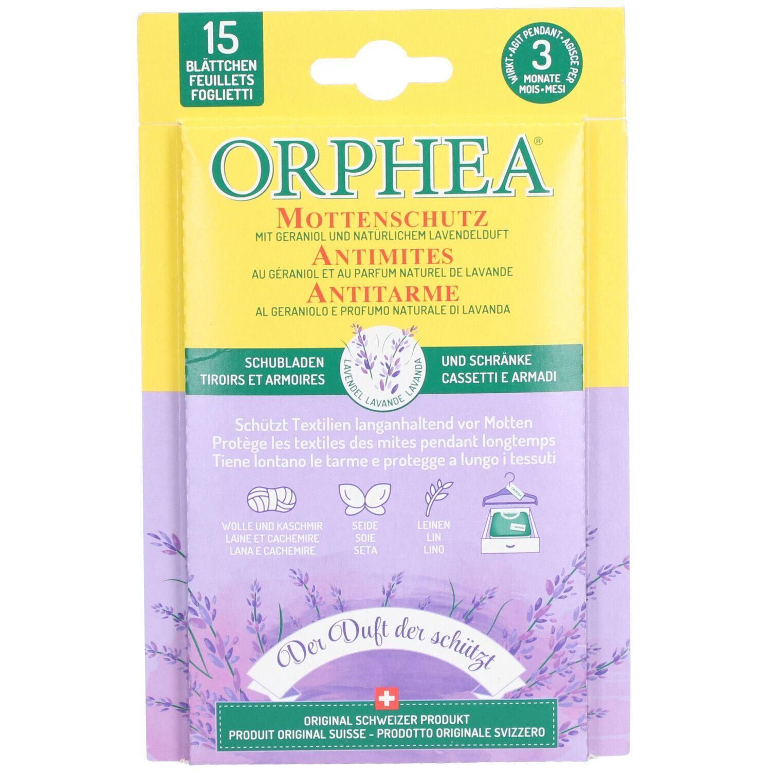 Emballage jaune et violet "ORPHEA". Protège contre les mites. Contient 15 feuilles. Textes en allemand, français, italien. Produit suisse.