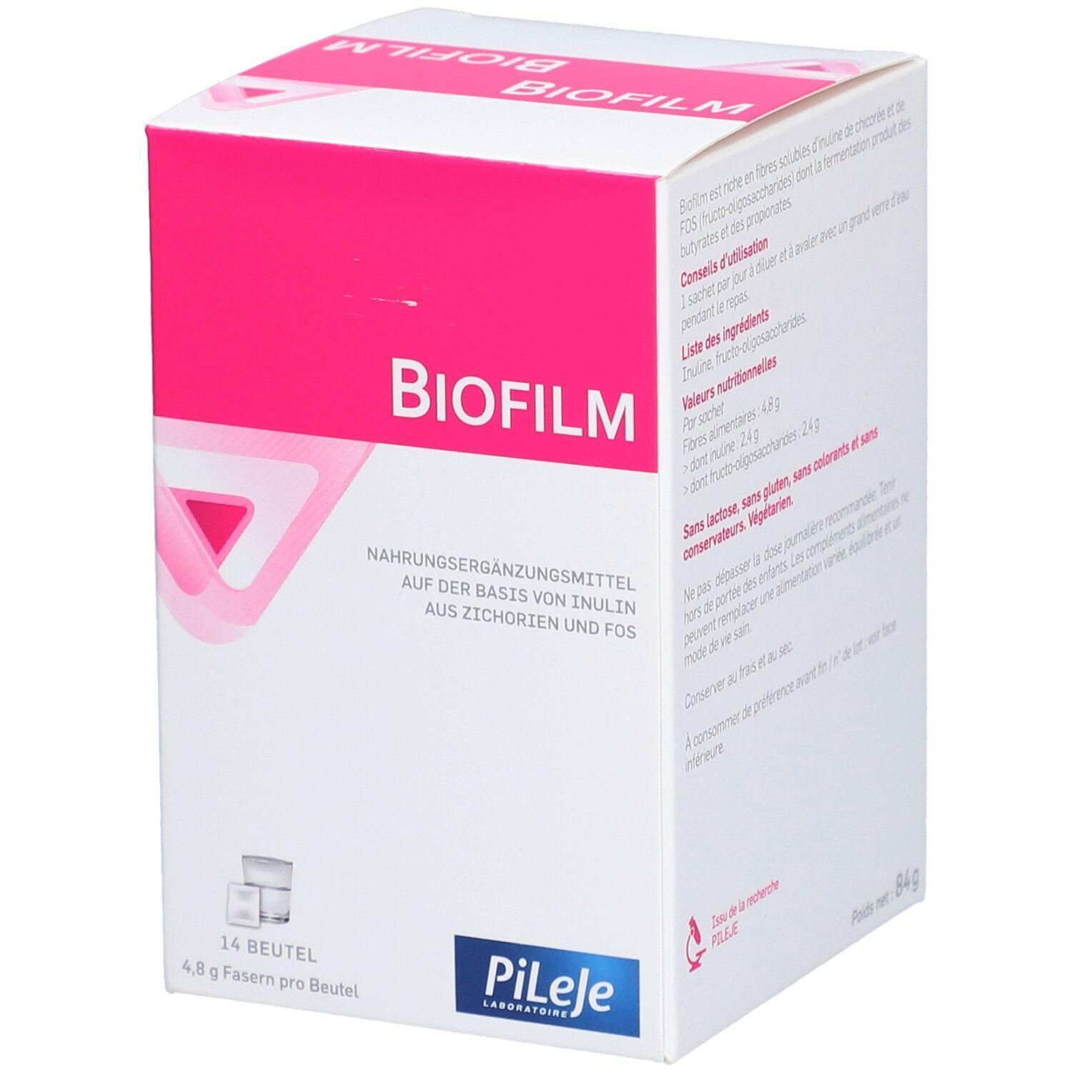 Boîte blanche et rose avec le nom BIOFILM. Contient 14 sachets. Marque PiLeJe.
