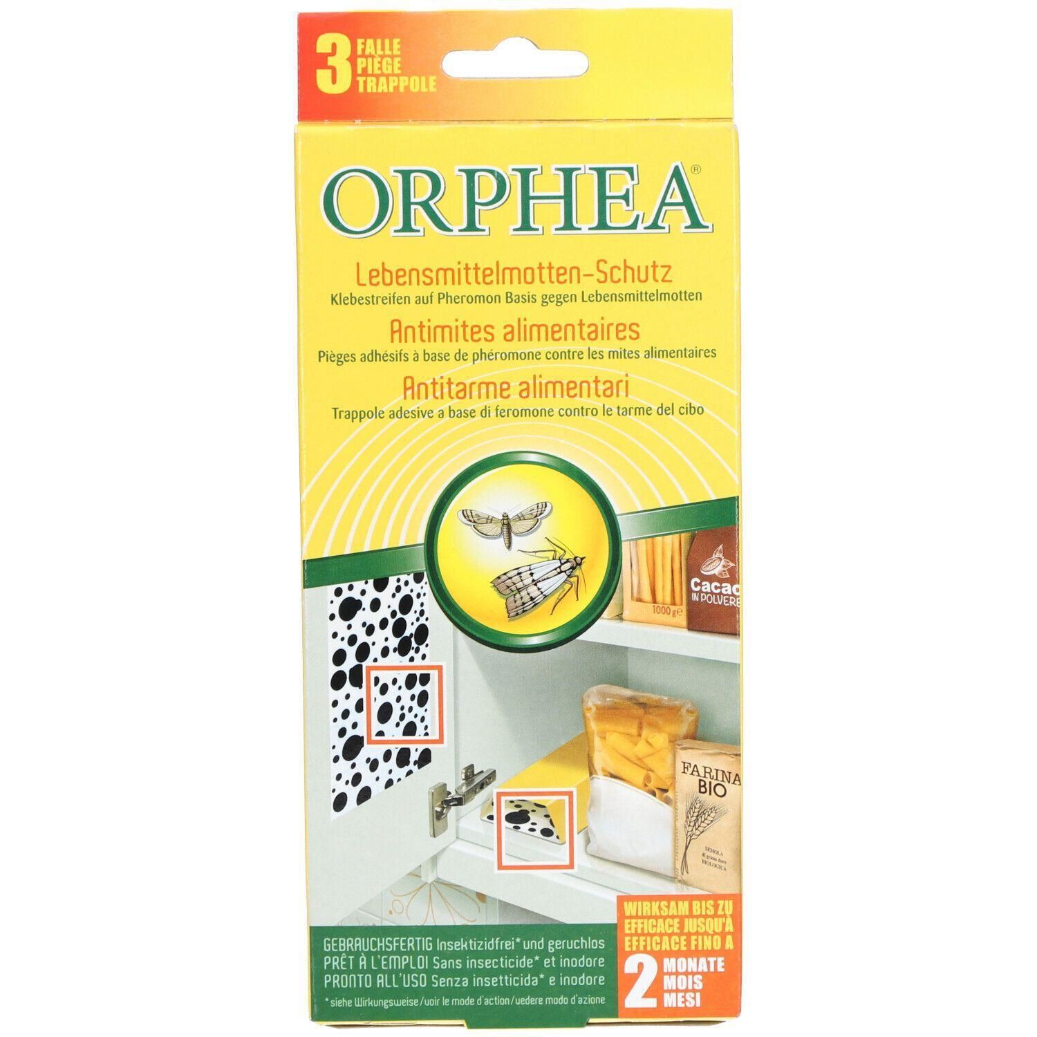 Emballage jaune avec le nom du produit ORPHEA. Texte en allemand, français et italien. Illustration de mites et d'aliments.